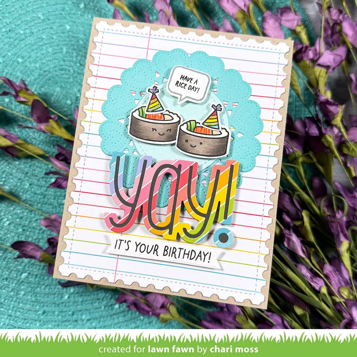 Colorful birthday card with sushi with birthday hats and the sentiment 'Yay! It's your birthday!' 