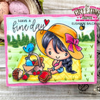 Colorful card with a cartoon girl in a yellow hat and picnic basket, featuring 'The Greeting Farm' branding.