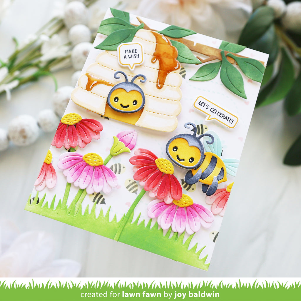 Colorful card with bee and flower design, featuring a bee character and flowers on a white background | color-code:ALT01
