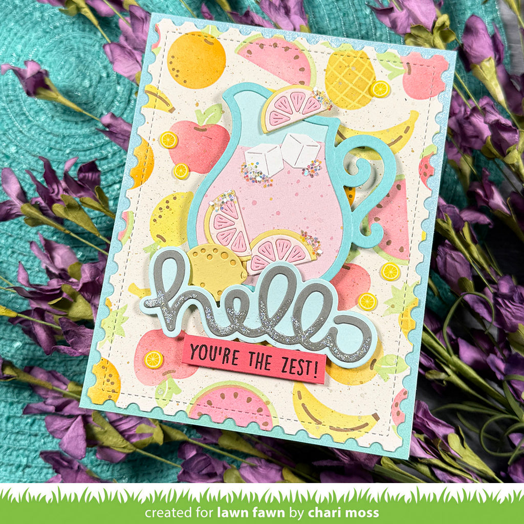 Colorful card with 'hello you're the zest!' text and fruit illustrations 