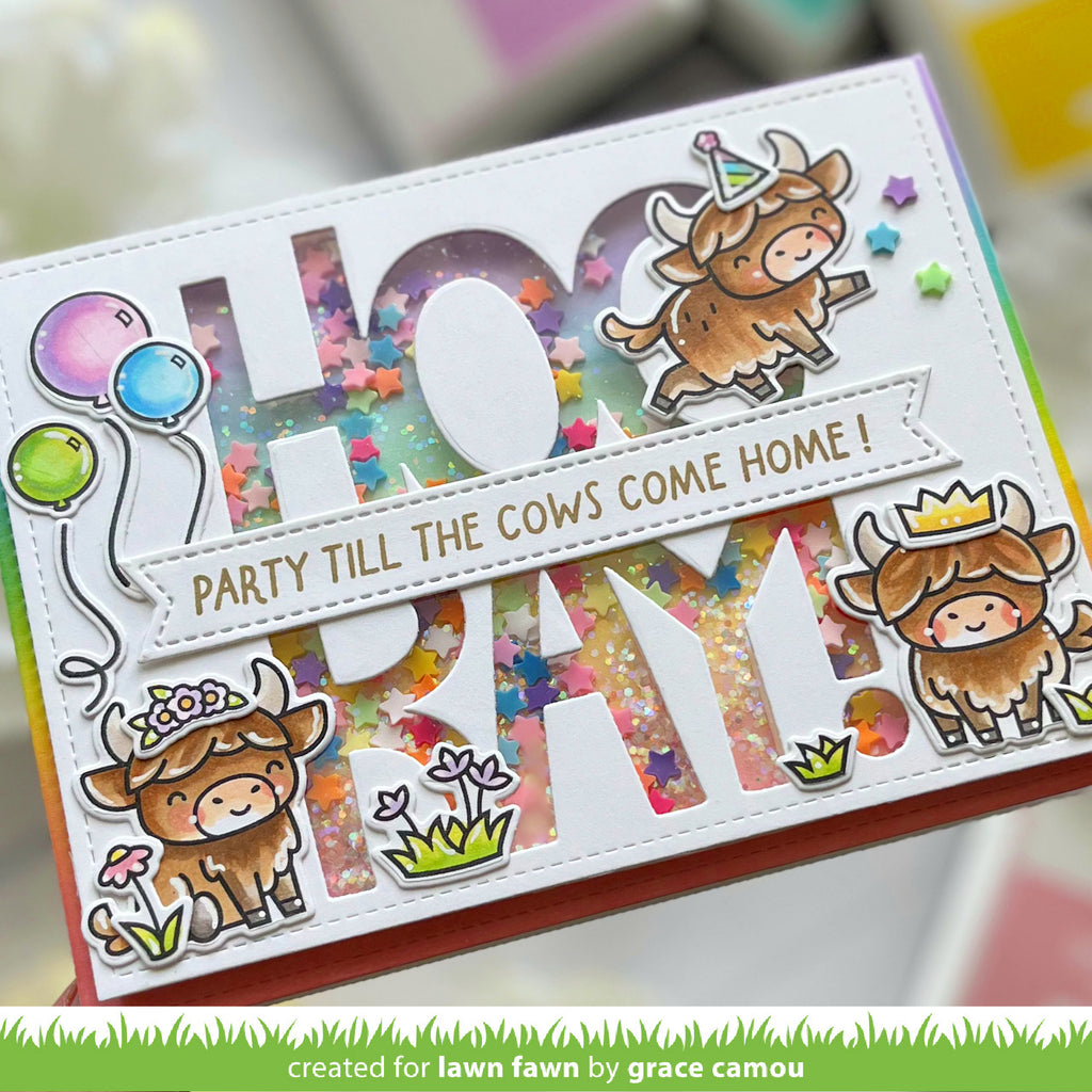 Colorful card with highland cows and text 'HOORAY! Party till the cows come home!' on a blurred background.