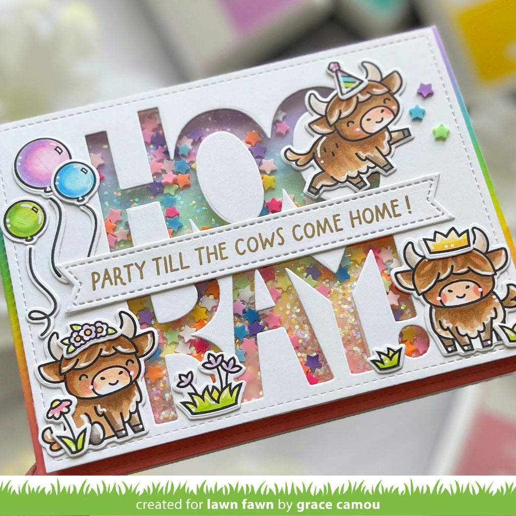 Colorful card with highland cows and text 'HOORAY! Party till the cows come home!' on a blurred background.