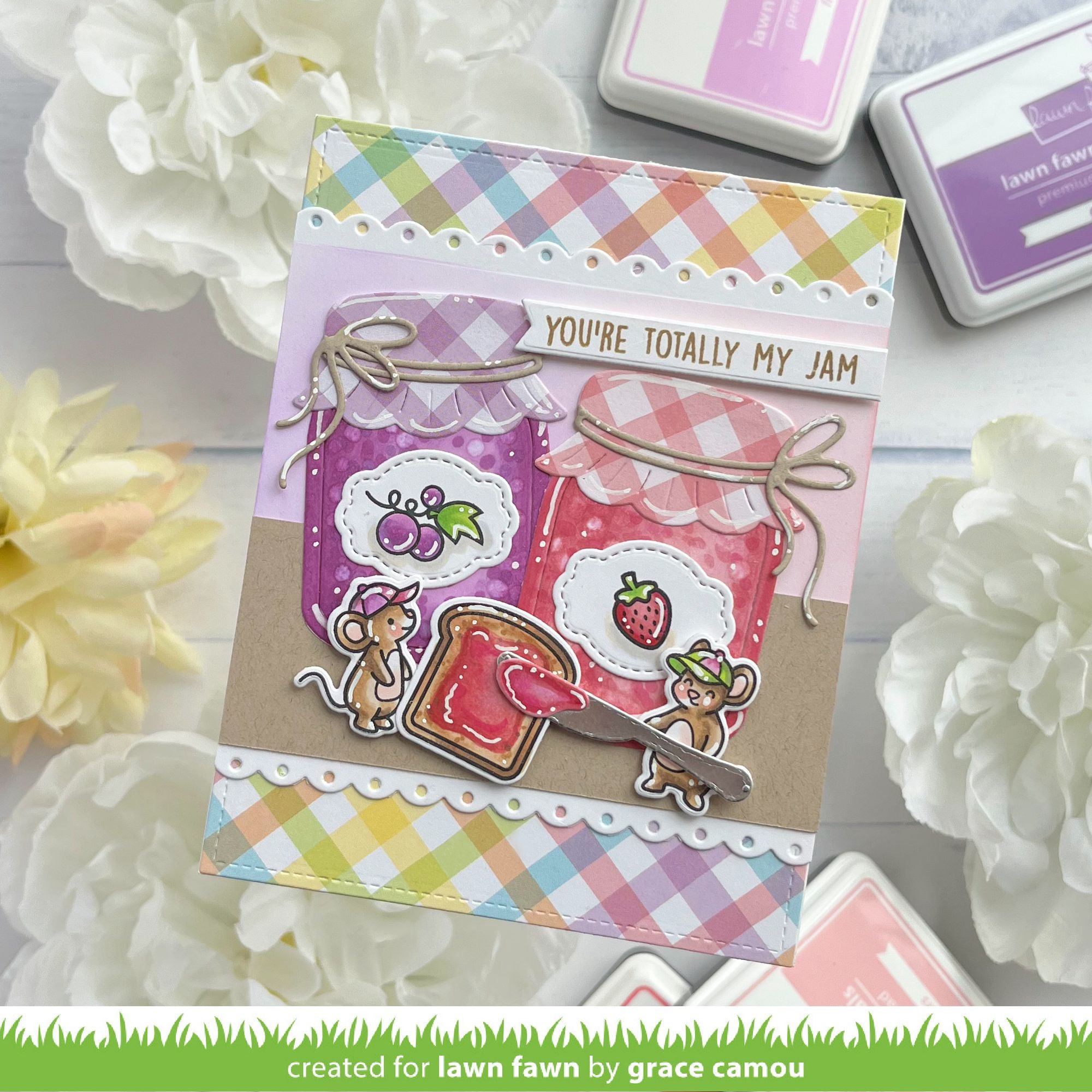 Colorful card with jam jars and text 'You're totally my jam' on a floral background
