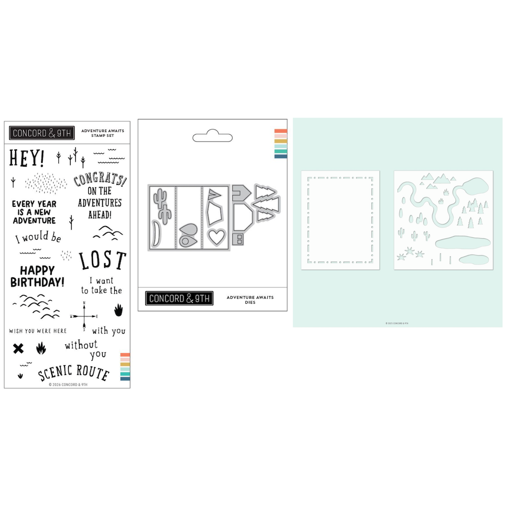 Concord & 9th Adventure Awaits Stamps Dies and Stencils Bundle