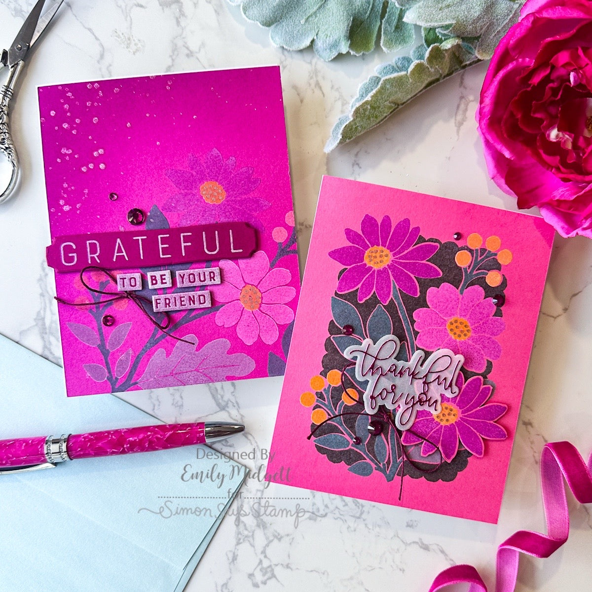 Concord & 9th Incredibly Grateful STAMPtember Exclusive Stamps 2502ssc Emily Midgett Bright Pink Floral Grateful Cards | color-code:ALT02