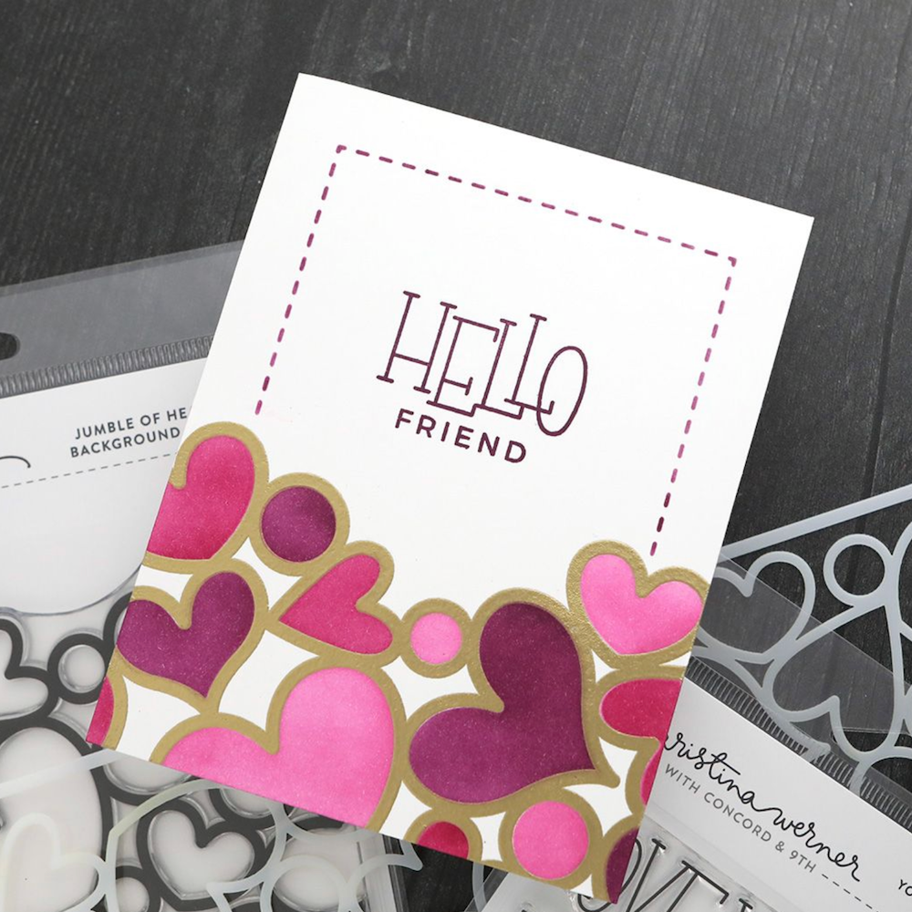 Concord & 9th Kristina Werner Jumble of Hearts Background Stamp kw1236 hello