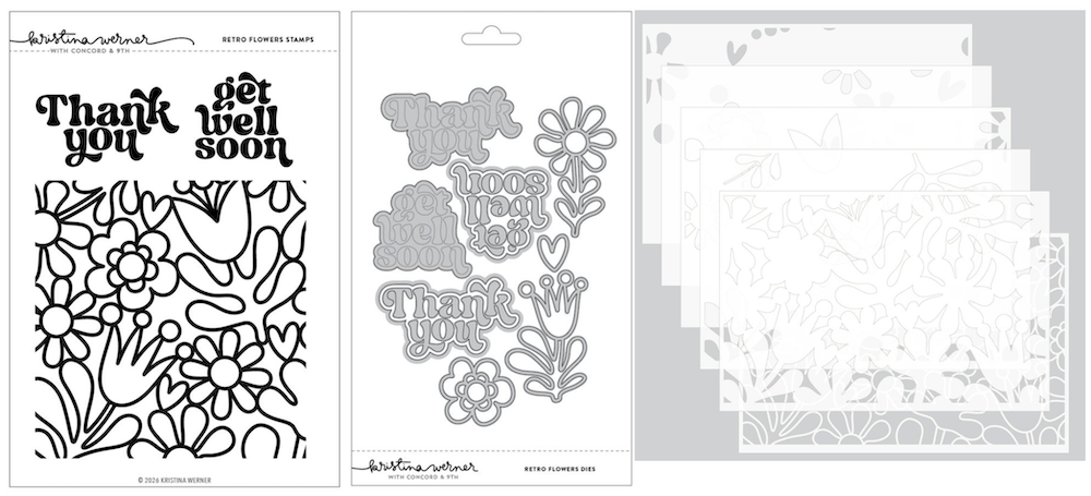 Concord & 9th Kristina Werner Retro Flowers Stamps Dies and Stencils Bundle