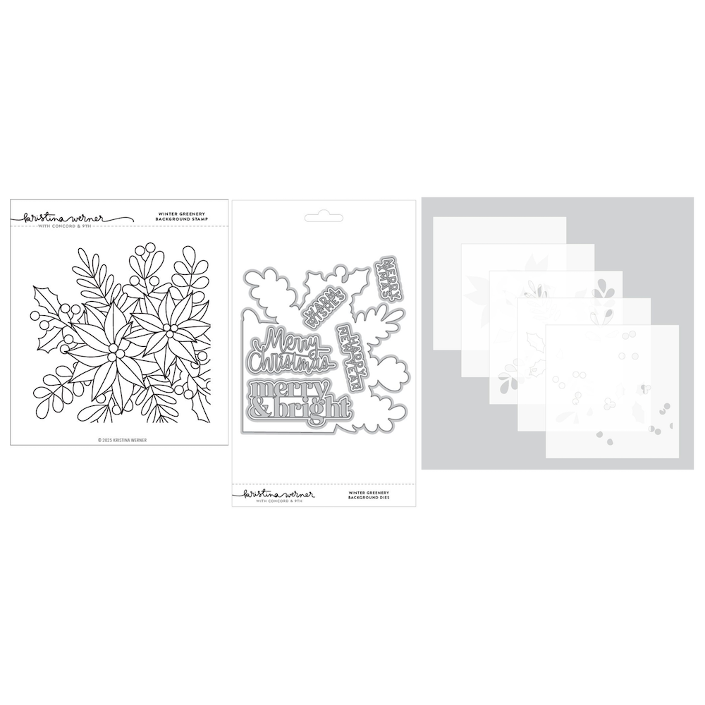Concord & 9th Kristina Werner Winter Greenery Background Stamp Die and Stencil Bundle