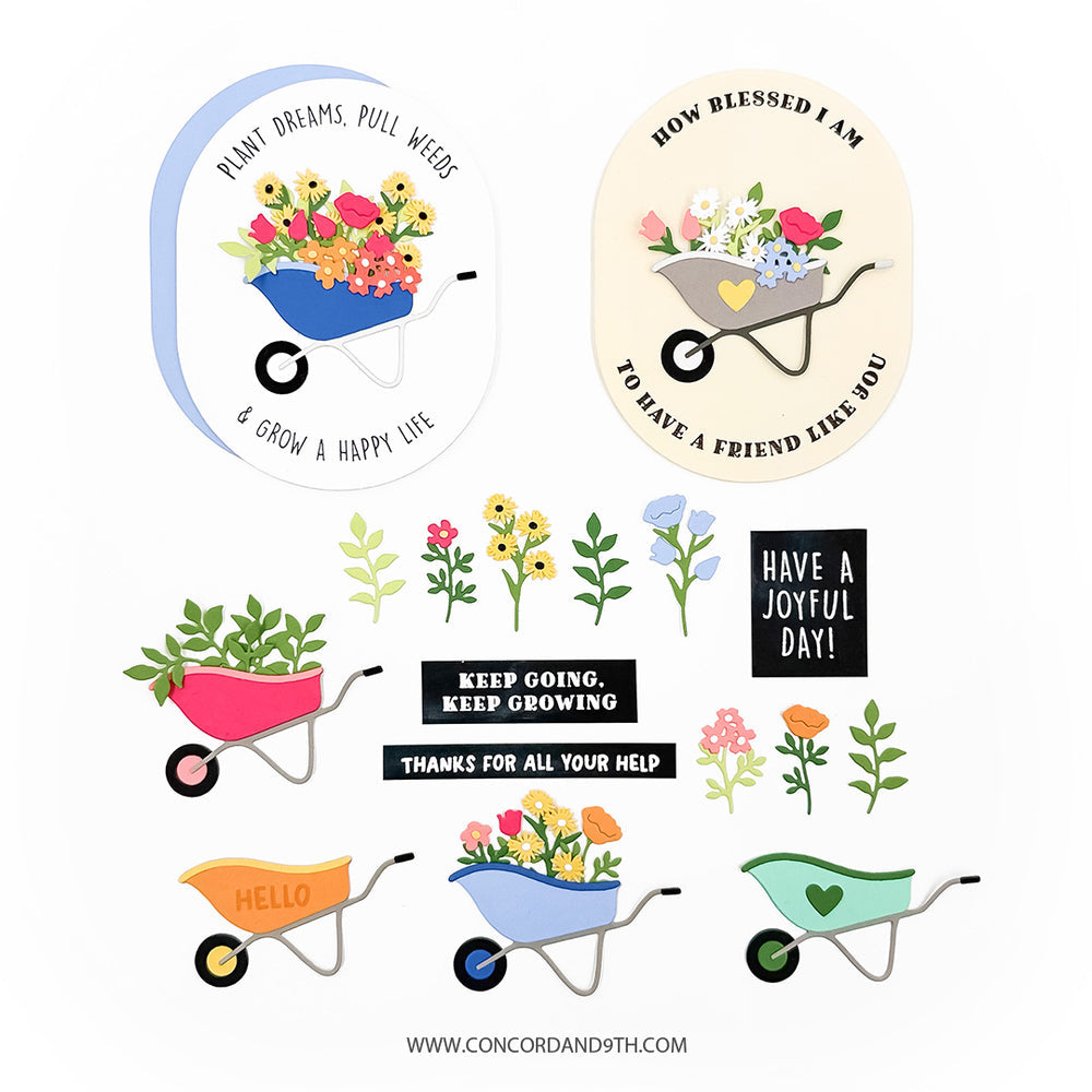Concord & 9th Wheelbarrow Wishes Stamps and Dies Bundle Garden Sentiments