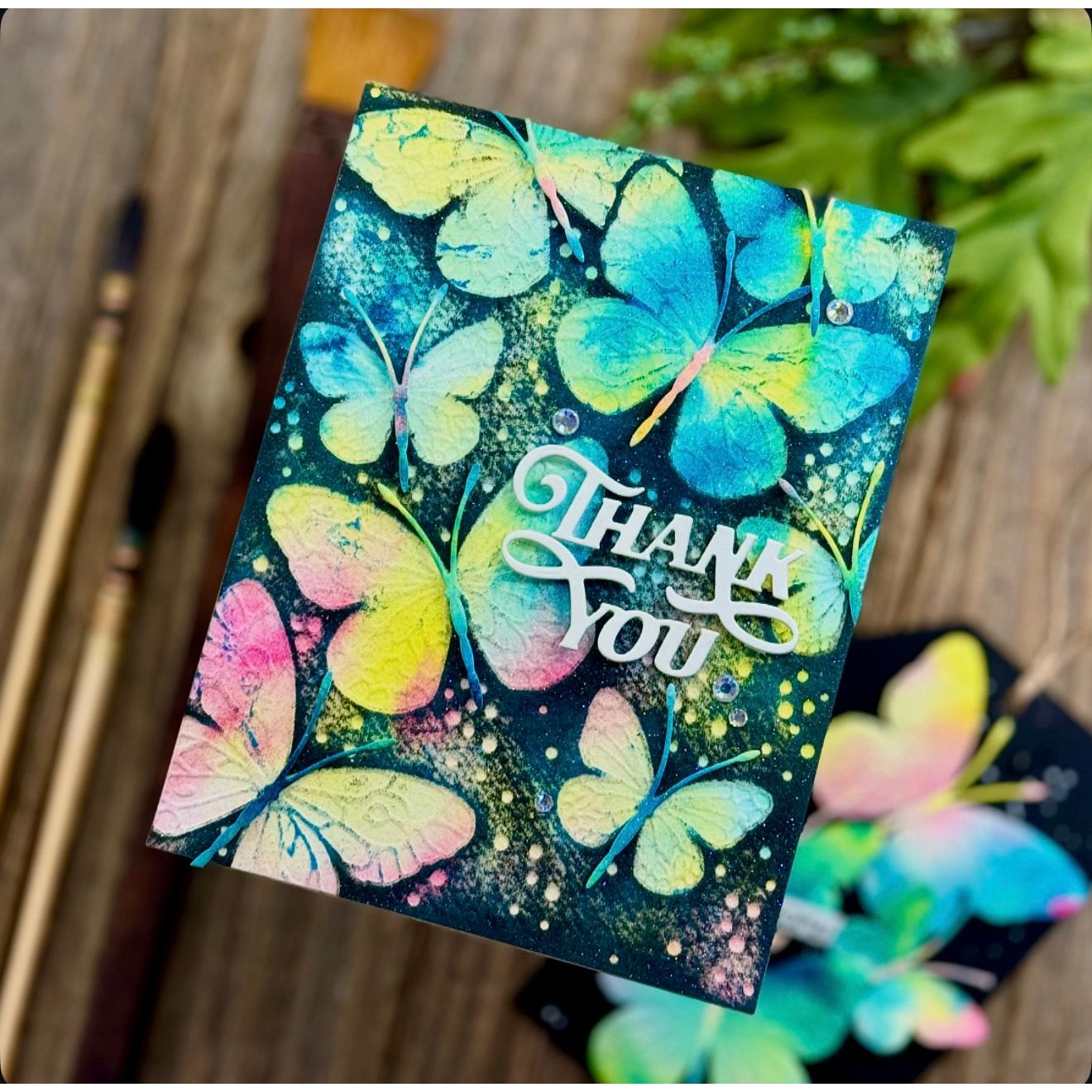 Simon Says Stamp Embossing Folder Confetti Butterflies sf511 Happy Camper Thank You Card