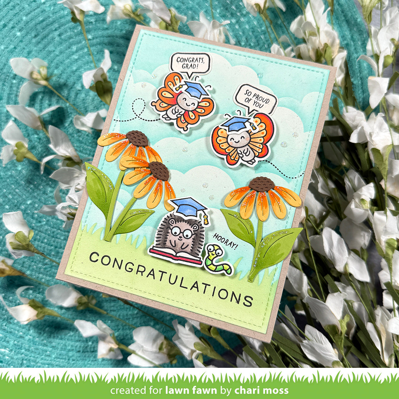 Congratulations Card with Butterflies with Grad Caps and Hedgehog