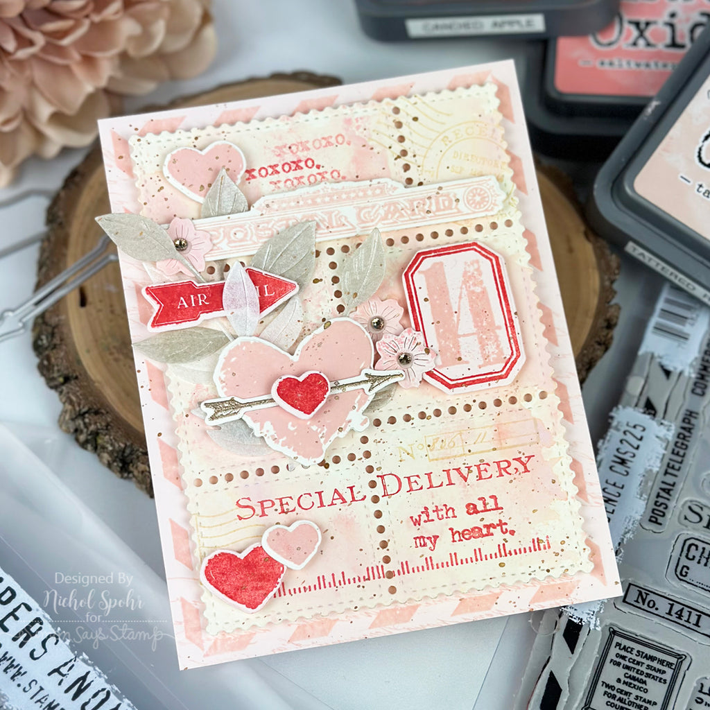 Click or Tap to Learn More: Simon Says Stamp Correspondence Wafer Dies 225sss Valentine's Day Card