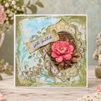 Cosmic Shimmer Faded Flourish 6x6 Elements Stencil 08-9001-cs pink flower with leaves green and gold patterns with gratitude card