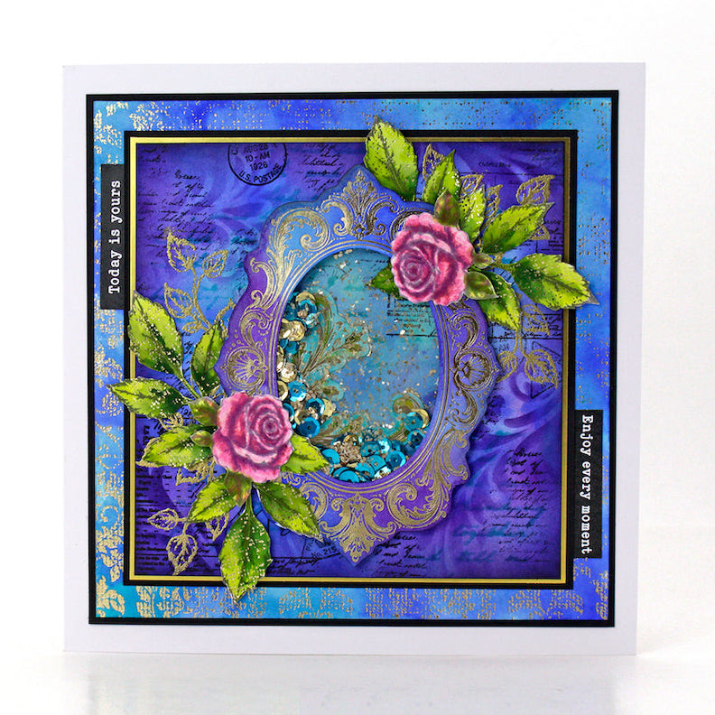 Cosmic Shimmer Faded Flourish 6x6 Elements Stencil 08-9001-cs pink roses purple gold frame blue today is yours card
