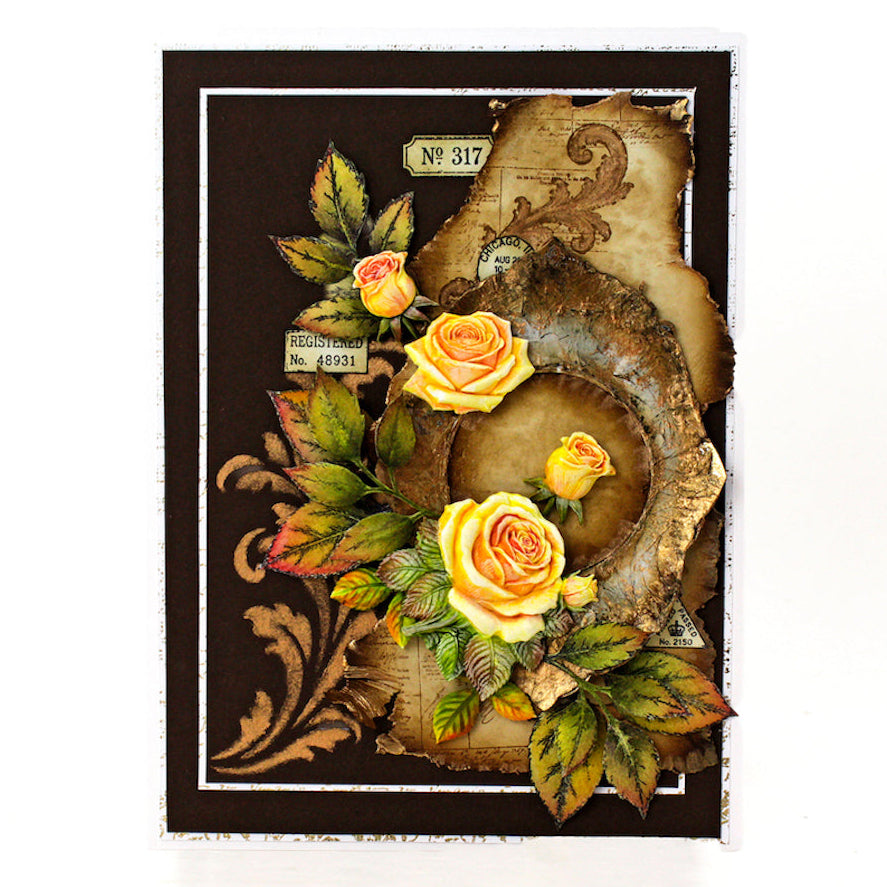Cosmic Shimmer Faded Flourish 6x6 Elements Stencil 08-9001-cs yellow roses leaves brown card