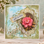 Cosmic Shimmer Finishing Touch DL Clear Stamp Set 07-9002-cs pink flower green and blue background with gratitude card