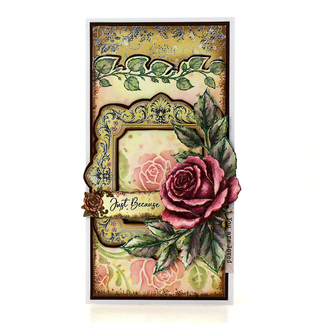 Cosmic Shimmer Finishing Touch DL Clear Stamp Set 07-9002-cs pink rose leaves frame border just because card