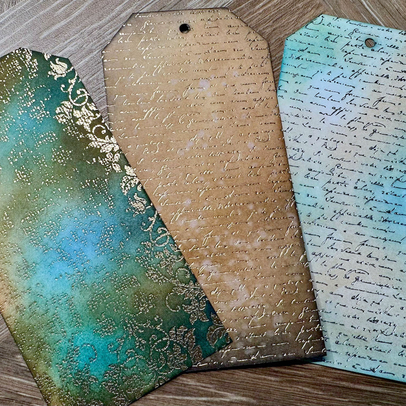 Cosmic Shimmer Gilded to Grunge Damask and Script Cardstock 03-10080ggf colored tags gold writing cards