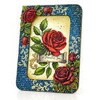 Cosmic Shimmer Gilded to Grunge Damask and Script Cardstock 03-10080ggf red roses blue border with gold writing a moment in time card