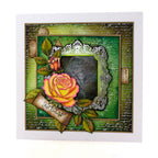 Cosmic Shimmer Gilded to Grunge Damask and Script Cardstock 03-10080ggf yellow rose white writing green frame white design just because card