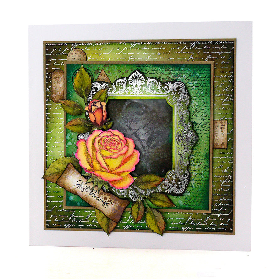 Cosmic Shimmer Gilded to Grunge Damask and Script Cardstock 03-10080ggf yellow rose white writing green frame white design just because card