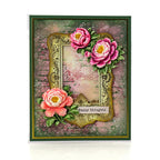 Cosmic Shimmer Gilded to Grunge Frames and Flourishes Foiled Elements 12-dce026gff pink flowers with gold frame happy thoughts card