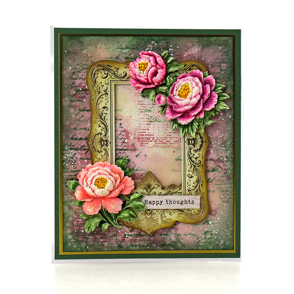 Cosmic Shimmer Gilded to Grunge Frames and Flourishes Foiled Elements 12-dce026gff pink flowers with gold frame happy thoughts card