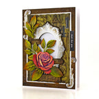 Cosmic Shimmer Gilded to Grunge Frames and Flourishes Foiled Elements 12-dce026gff red rose leaves brown trim just for you card