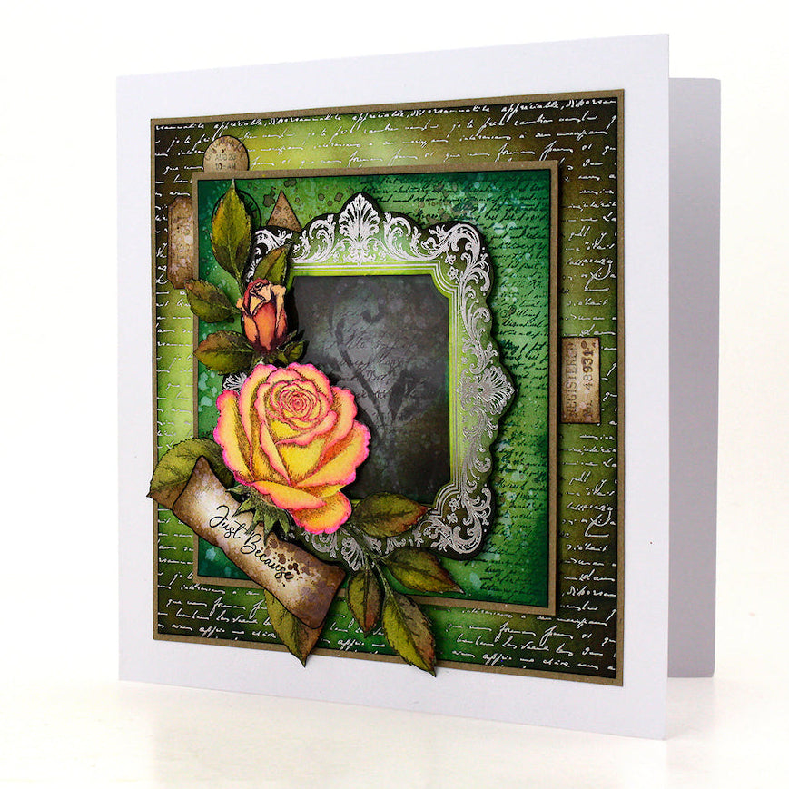 Cosmic Shimmer Gilded to Grunge Frames and Flourishes Foiled Elements 12-dce026gff yellow flower pink pitline green just because card