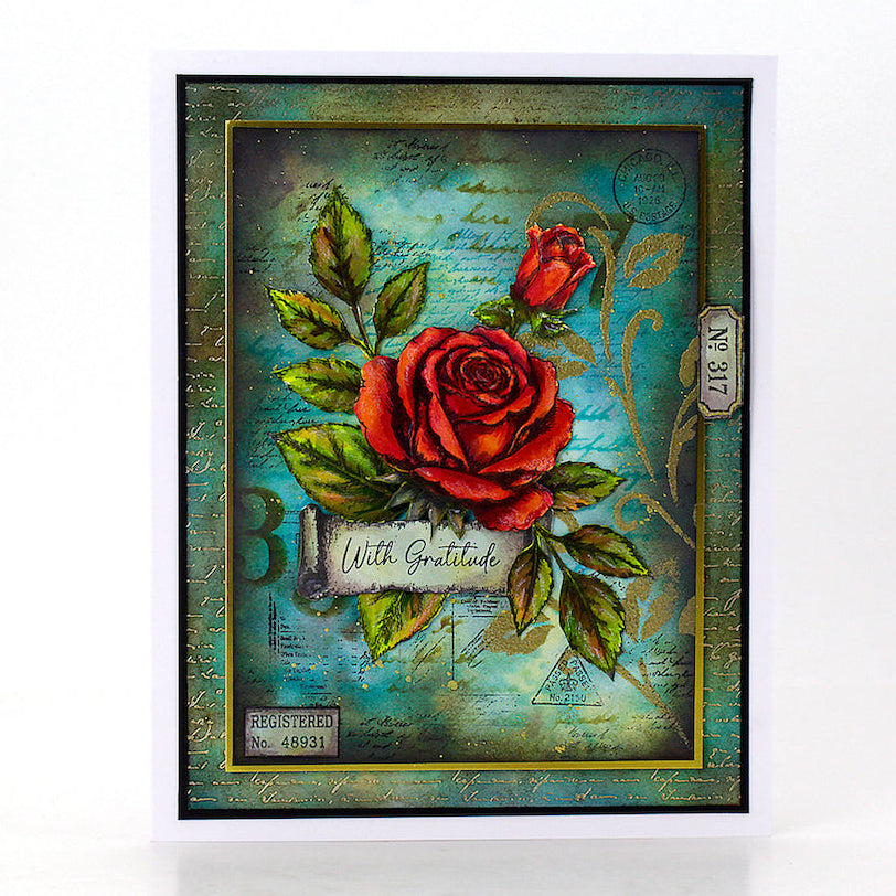 Cosmic Shimmer Heritage Rose 6x6 Elements Stencil 08-9003-cs gold floral pattern flowers blue with gratitude card
