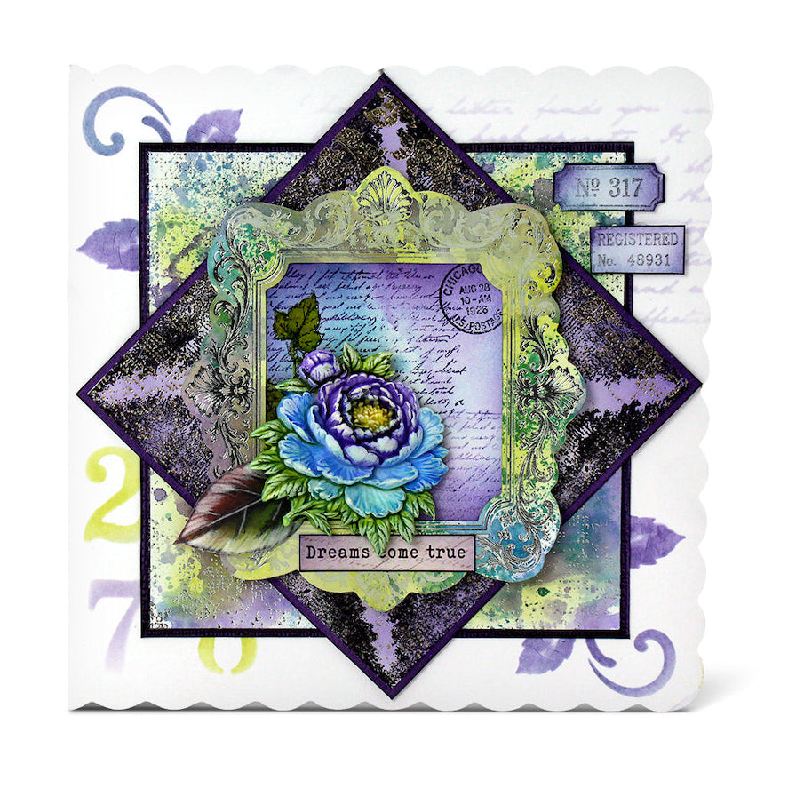 Cosmic Shimmer Heritage Rose 6x6 Elements Stencil 08-9003-cs purple and blue flower dreams come true card