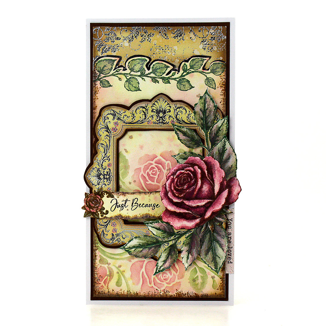 Cosmic Shimmer Heritage Rose 6x6 Elements Stencil 08-9003-cs red flower green leaves white border card