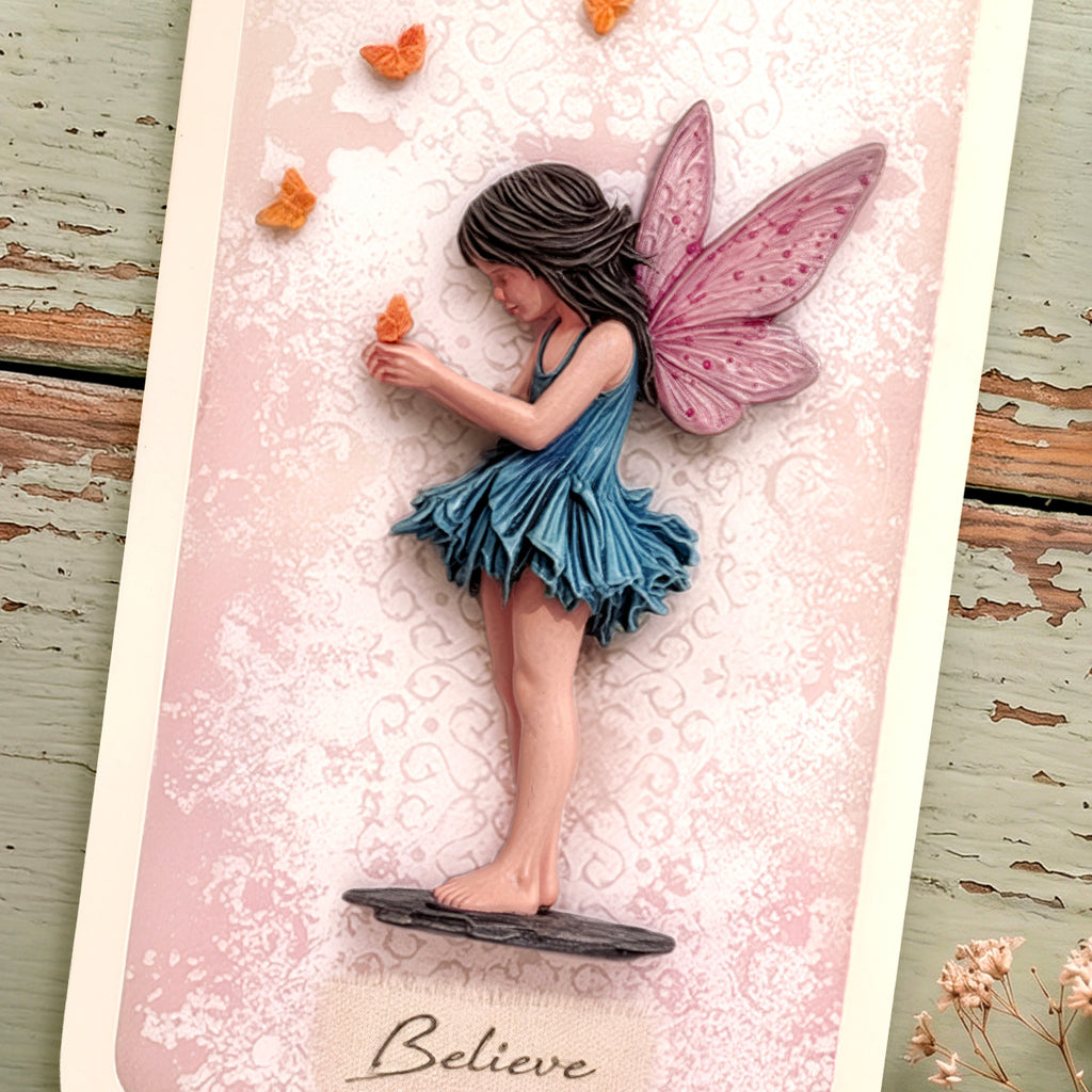 Cosmic Shimmer Little Things Silicone Mould by Andy Skinner cf0080-cs fairies butterflies trees mushrooms frame girl fairy blue dress believe card