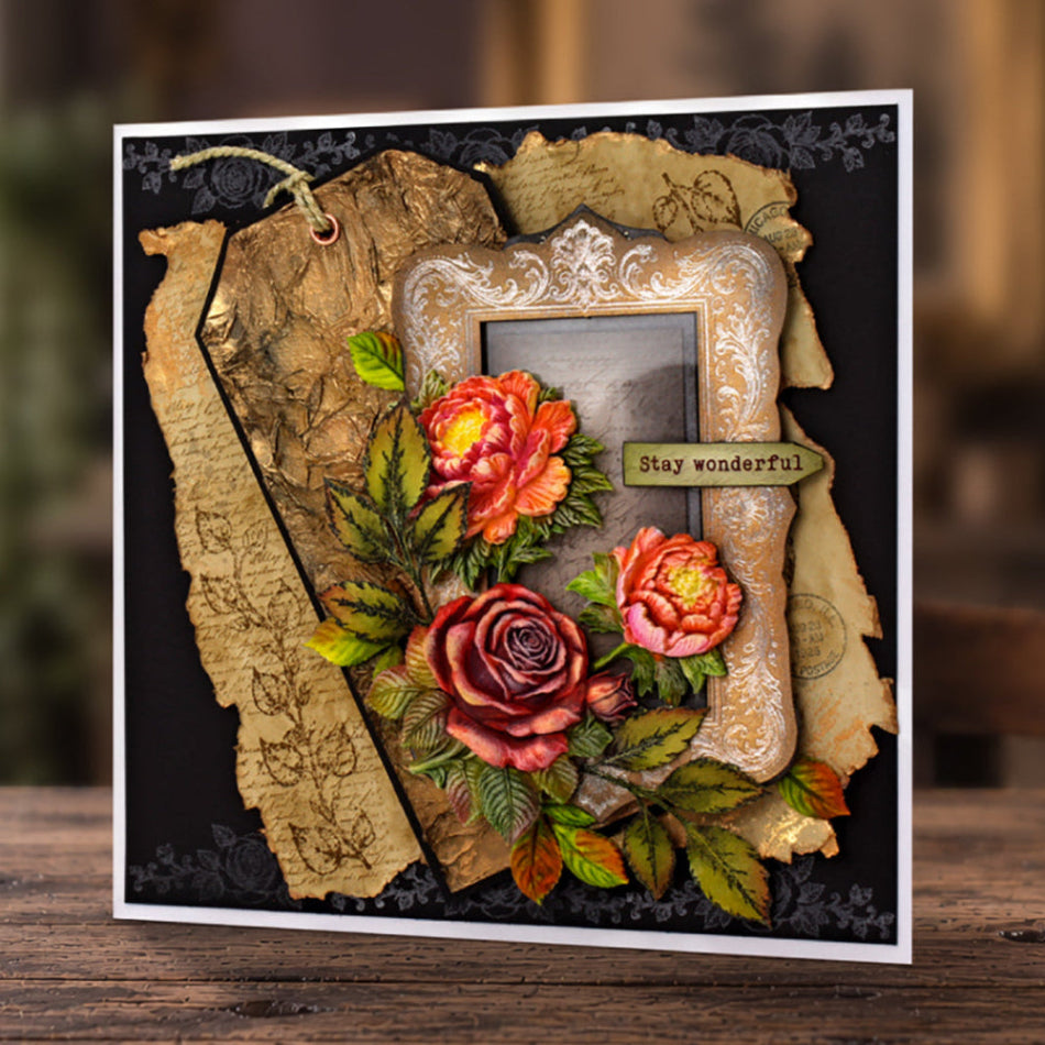 Cosmic Shimmer Past and Postal DL Clear Stamp Set 07-9003-cs orange flowers rose tag picture frame border stay wonderful card