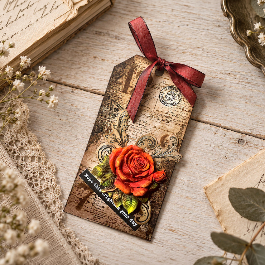 Cosmic Shimmer Past and Postal DL Clear Stamp Set 07-9003-cs red rose with leaves red ribbon bow tag card
