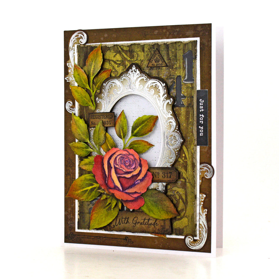Cosmic Shimmer Rambling Roses DL Clear Stamp Set 07-9001-cs green leaves red rose brown border with gratitude card