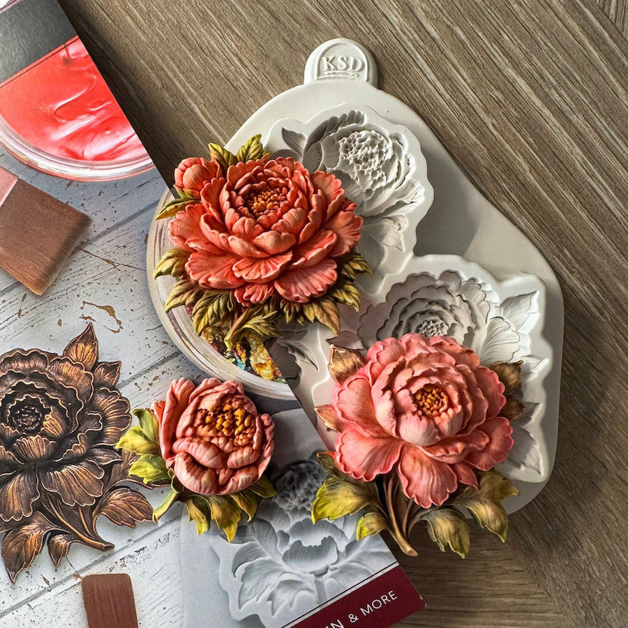 Cosmic Shimmer Sculpted Peonies Silicone Mould ce0172-cs orange flowers green leaves
