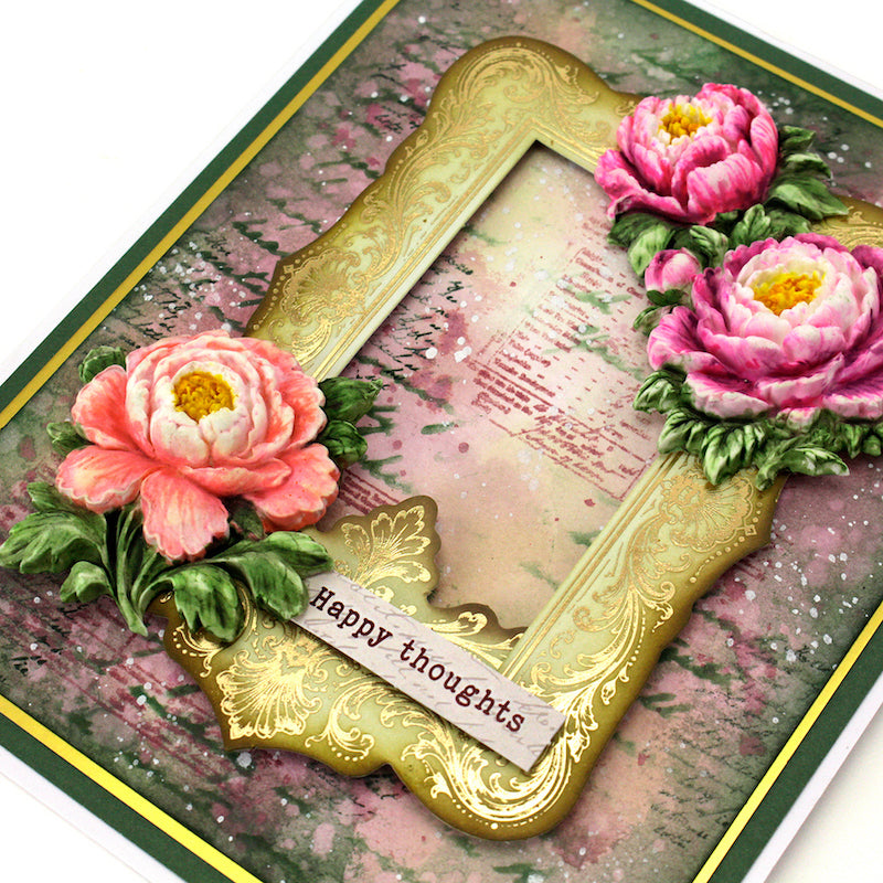 Cosmic Shimmer Sculpted Peonies Silicone Mould ce0172-cs pink flowers gold design frame happy thoughts 