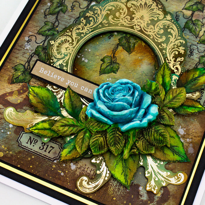 Cosmic Shimmer Sentiment Snippets Words to Treasure 12-cds19wt green leaves vines blue rose believe you can card