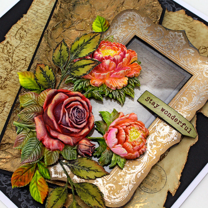 Cosmic Shimmer Sentiment Snippets Words to Treasure 12-cds19wt orange yellow flowers red rose stay wonderful card