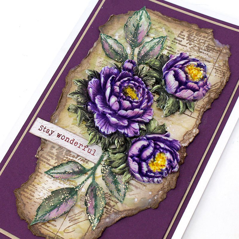 Cosmic Shimmer Sentiment Snippets Words to Treasure 12-cds19wt stay wonderful purple flowers purple background card