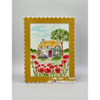 Cottage Card Scene with gold scalloped framing