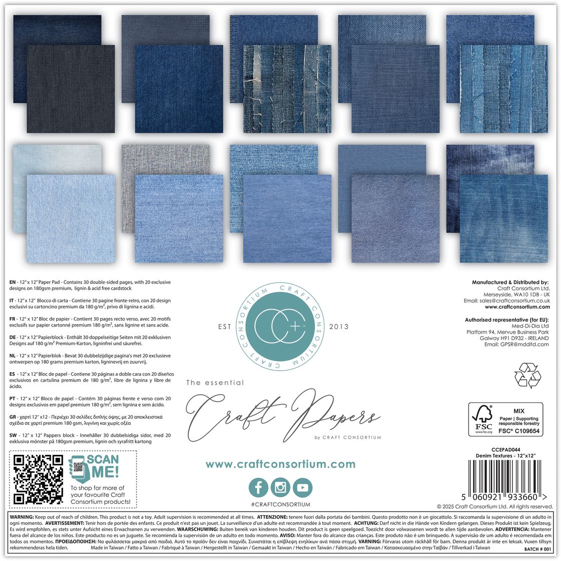 Craft Consortium Denim Textures 12 x 12 inch Paper Pack ccepad044 back of paper