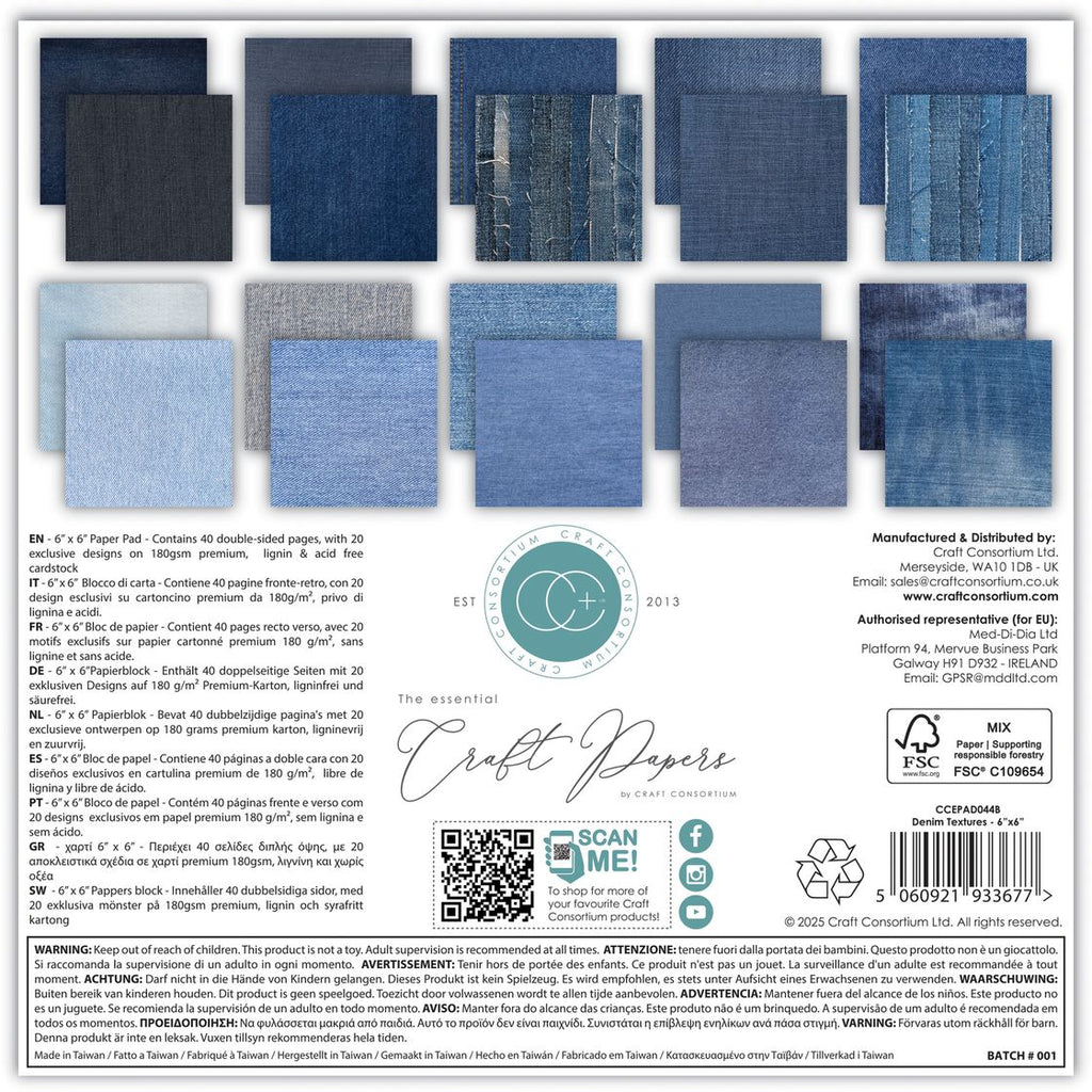 Craft Consortium Denim Textures 6 x 6 inch Paper Pack ccepad044b back of paper