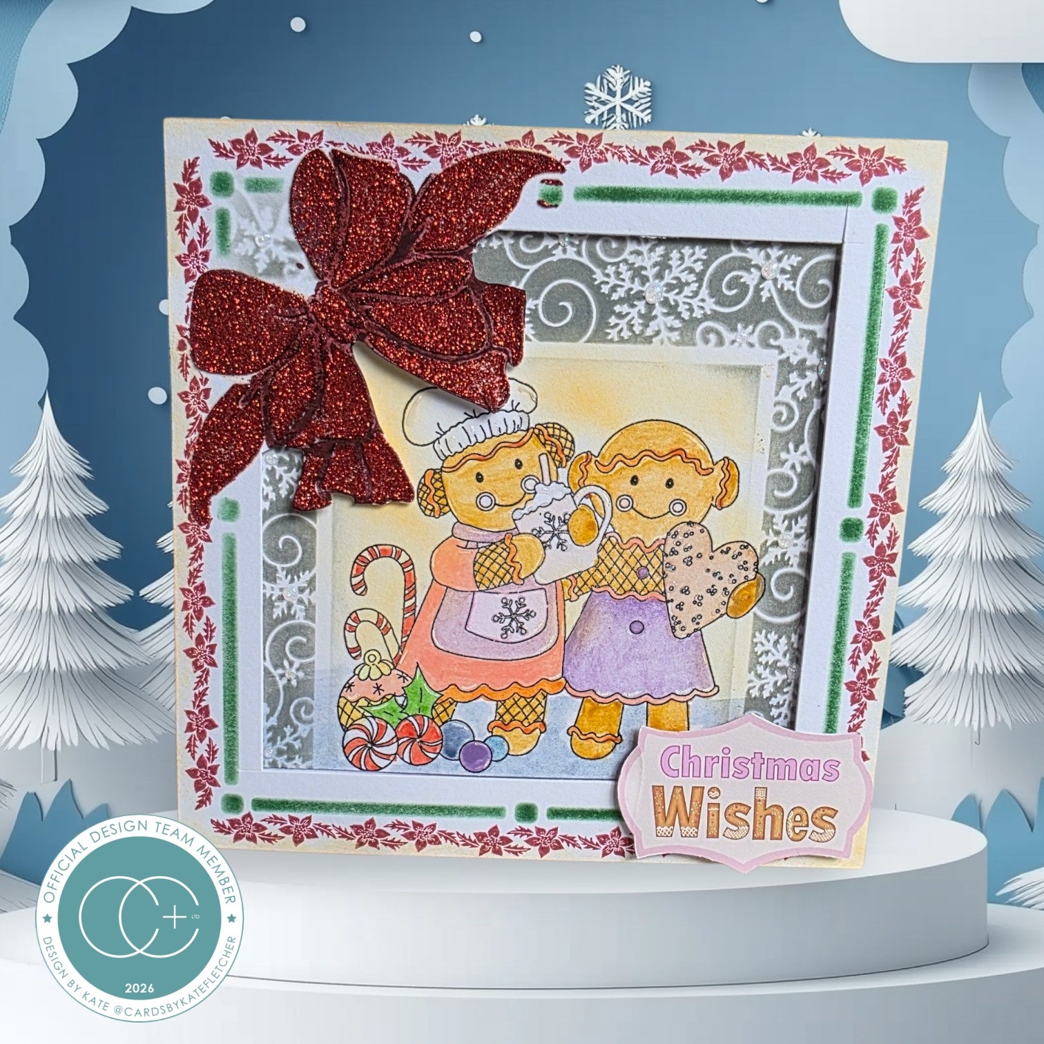Craft Consortium Gingerbread Party Made with Love Clear Stamps cclstmp011 red glitter bow card