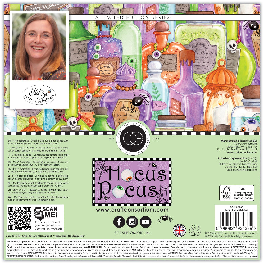 Craft Consortium Hocus Pocus 8x8 inch Paper Pad cclpad005 back of packaging