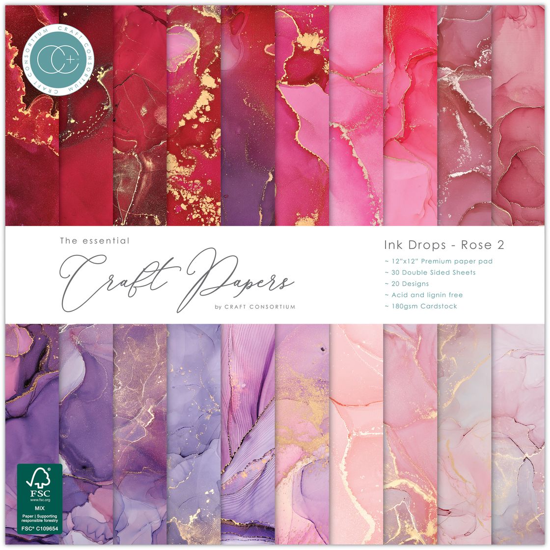 Craft Consortium Ink Drops Rose 2 12 x 12 Inch Paper Pack ccepad040