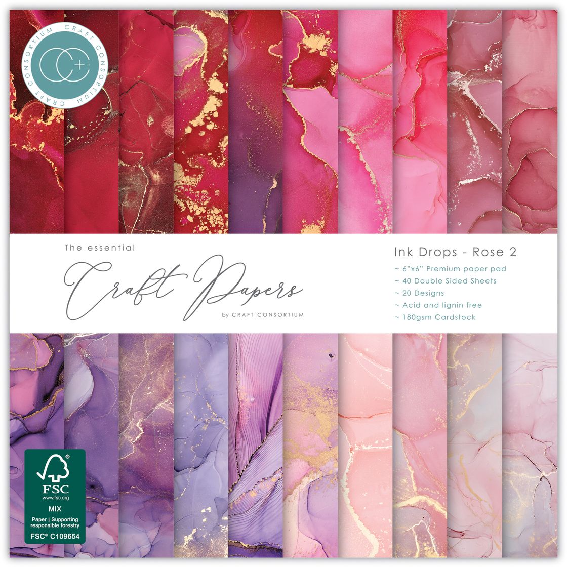 Craft Consortium Ink Drops Rose 2 6 x 6 Inch Paper Pack ccepad040b