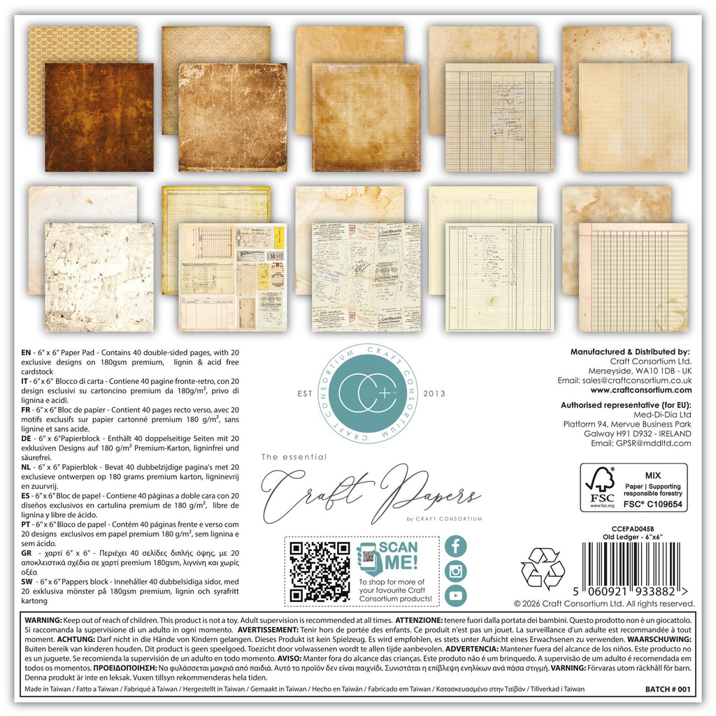 Craft Consortium Old Ledger 6 x 6 inch Paper Pad ccepad045b back