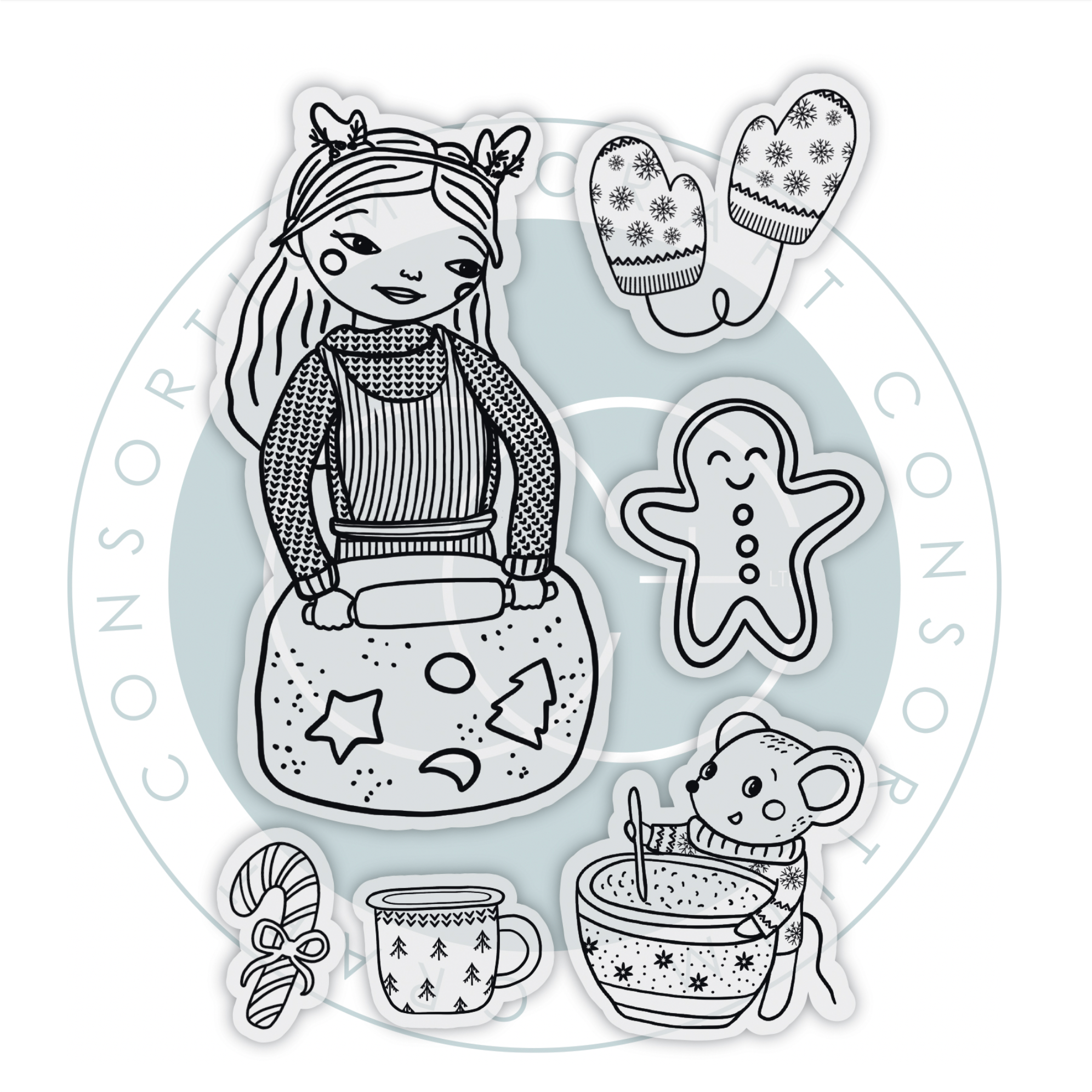 Craft Consortium Olivia's Christmas Tale Baking Clear Stamps ccstmp104 contents inside package